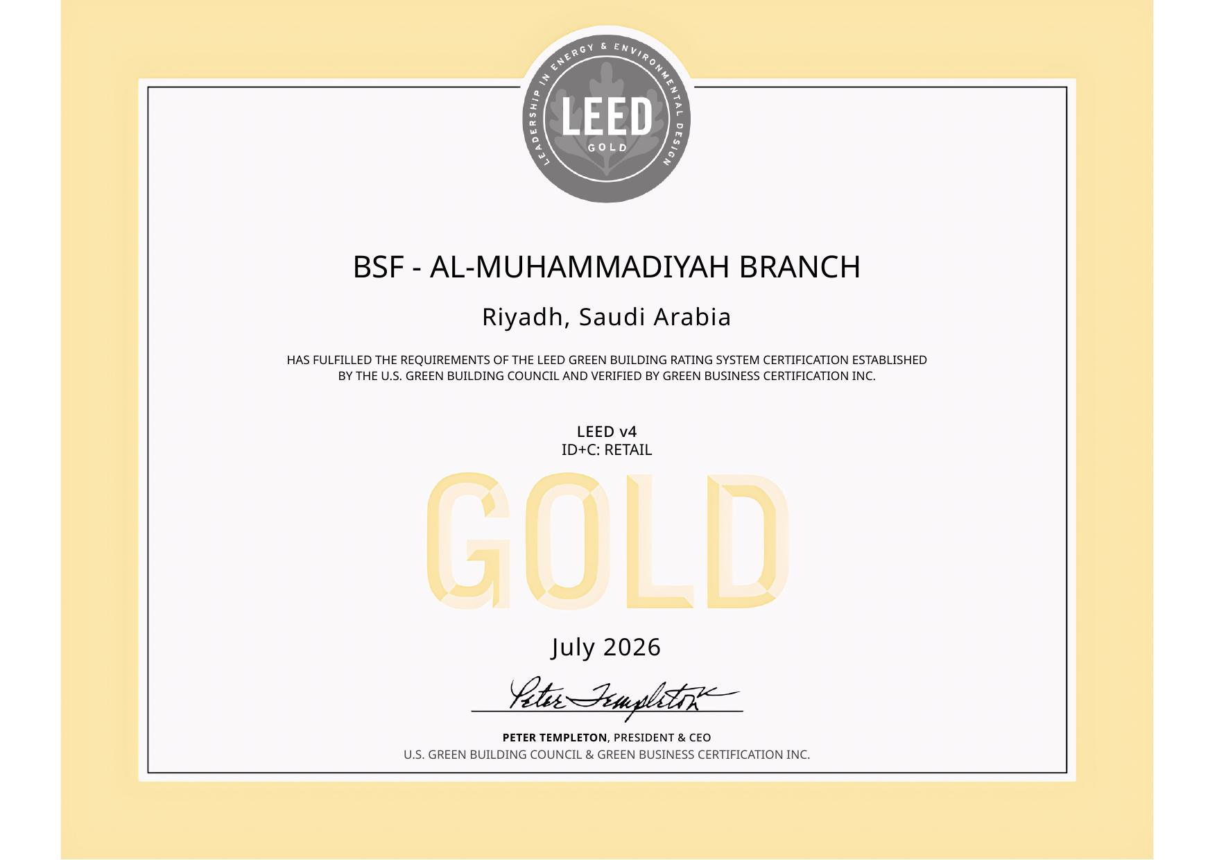 LEED Gold certificate, Banque Saudi Fransi, Al-Muhammadiyah Branch