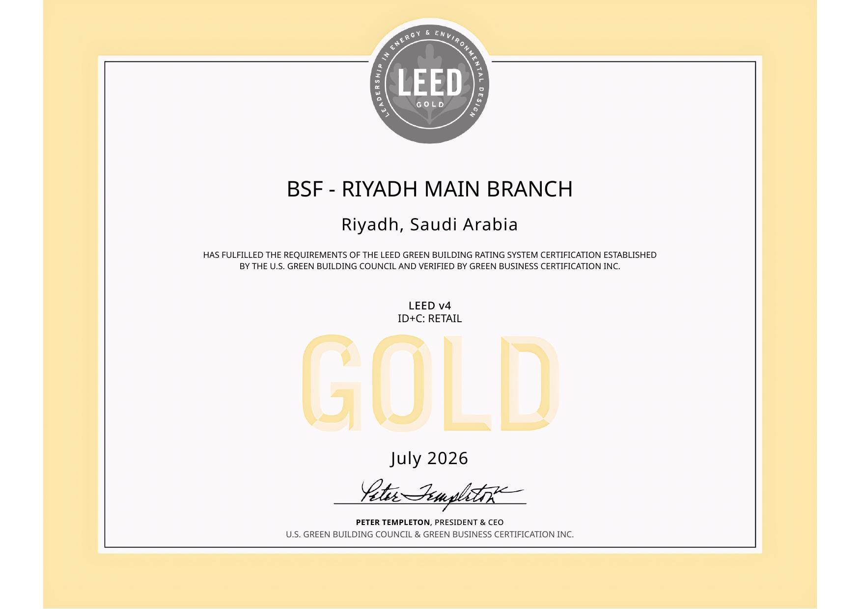 LEED Gold certificate, Banque Saudi Fransi, Riyadh Main Branch