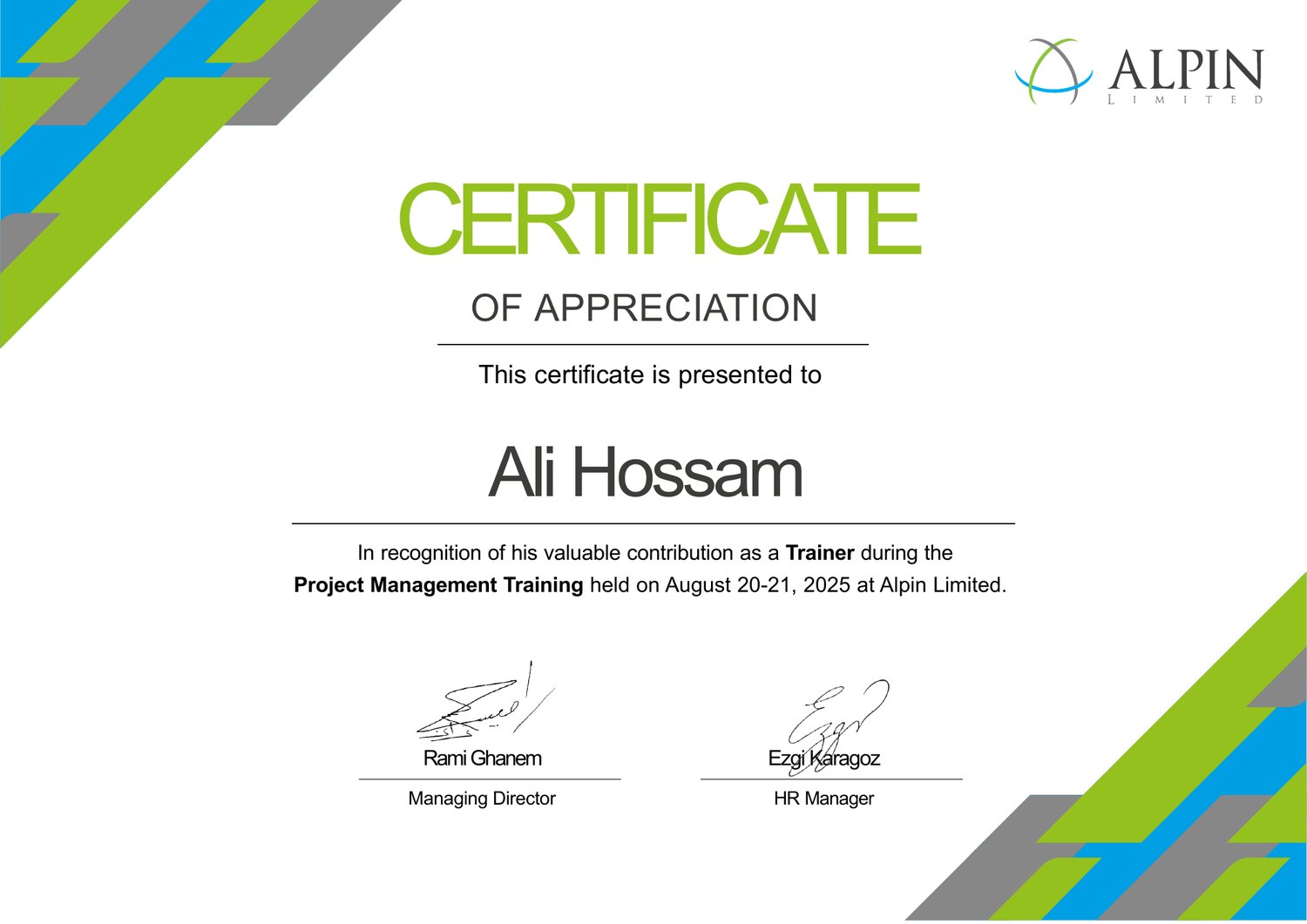 Certificate of Appreciation, Alpin Limited, Project Management Training, August 2025