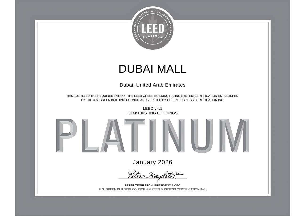 LEED Platinum certificate scan, The Dubai Mall, Dubai, UAE
